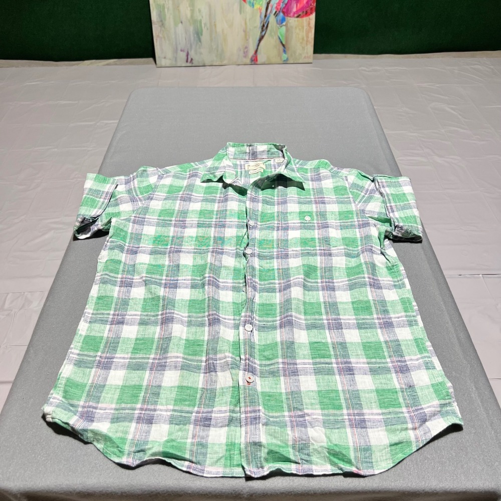 Weatherproof Vintage Mens Green Plaid Linen Cotton Short Sleeve Shirt Large